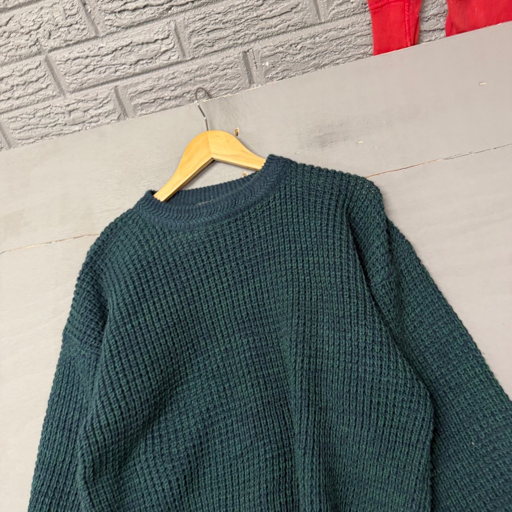 David Taylor Mens Forest Green Waffle Knit Crewneck Sweater Large Vintage Style